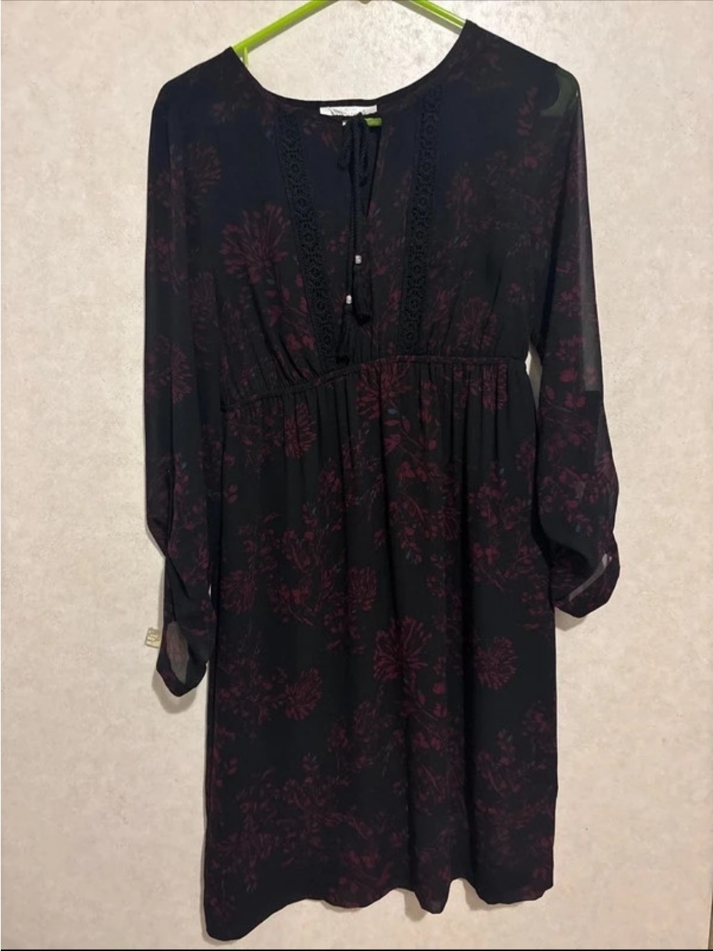Motherhood Black Long-Sleeve Dress with Burgundy Floral Print